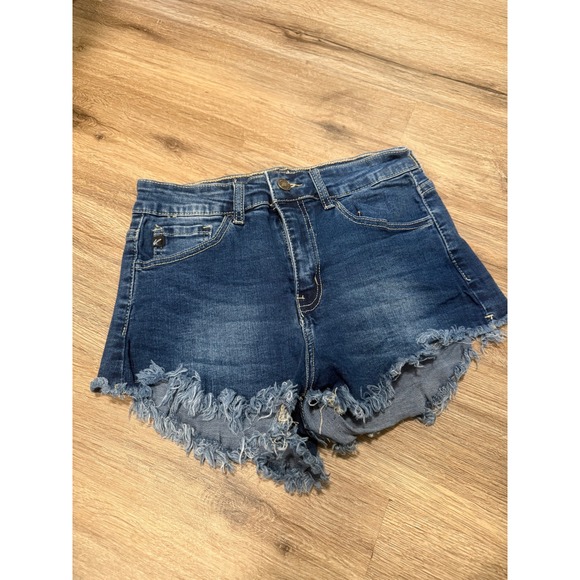 KanCan Pants - KanCan High Rise Distressed Denim Shorts Dark Wash Raw Fringe Hem Size‎ 5 26
